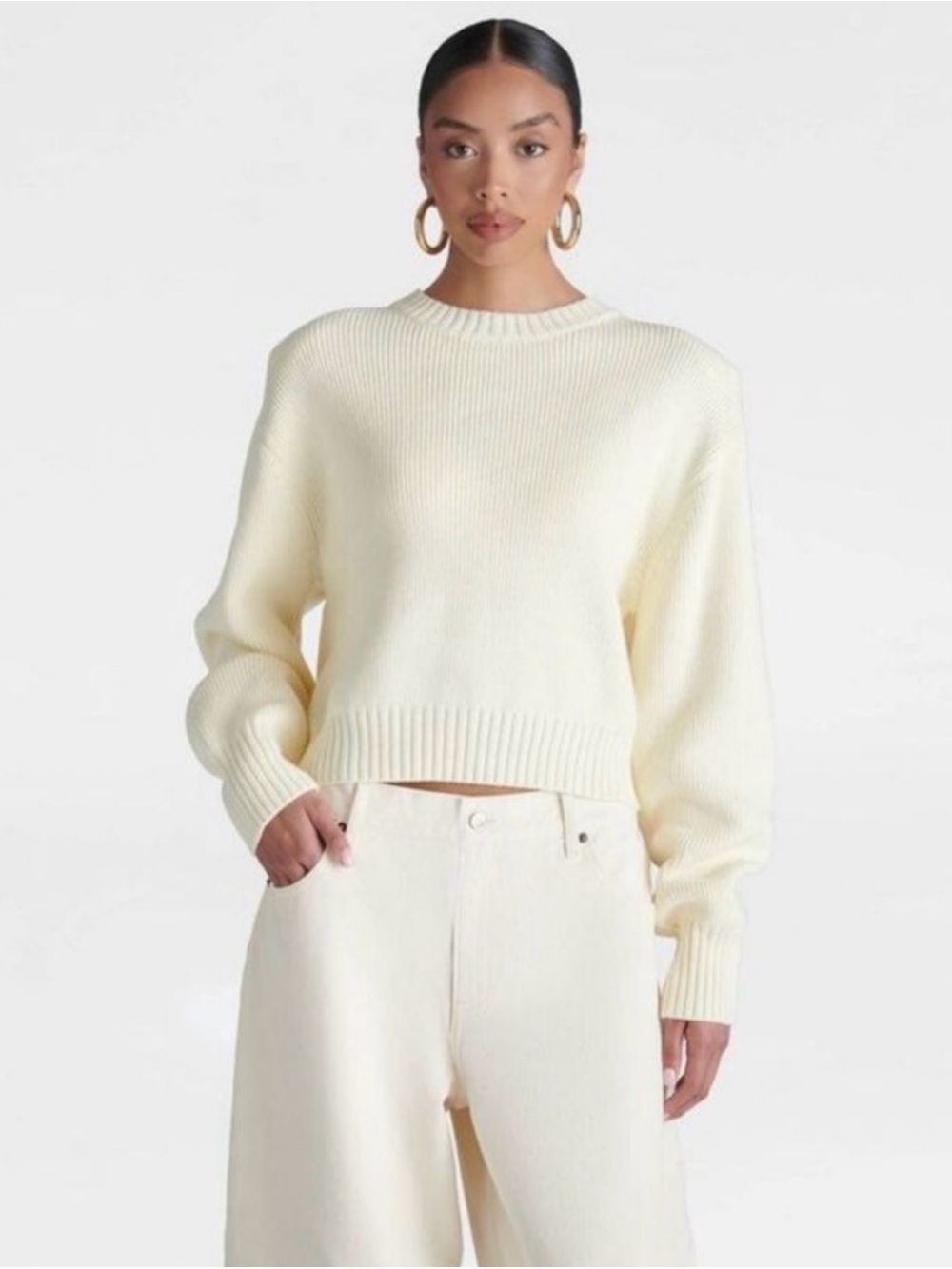 Cropped Crew Neck Sweater in Cream